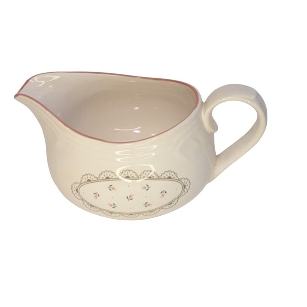 Vintage 1988 Victoriana Gravy Boat Stoneware Pink Flower Pink Rim